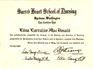 Eddie's Diploma from Sacred Heart Nursing School 1928